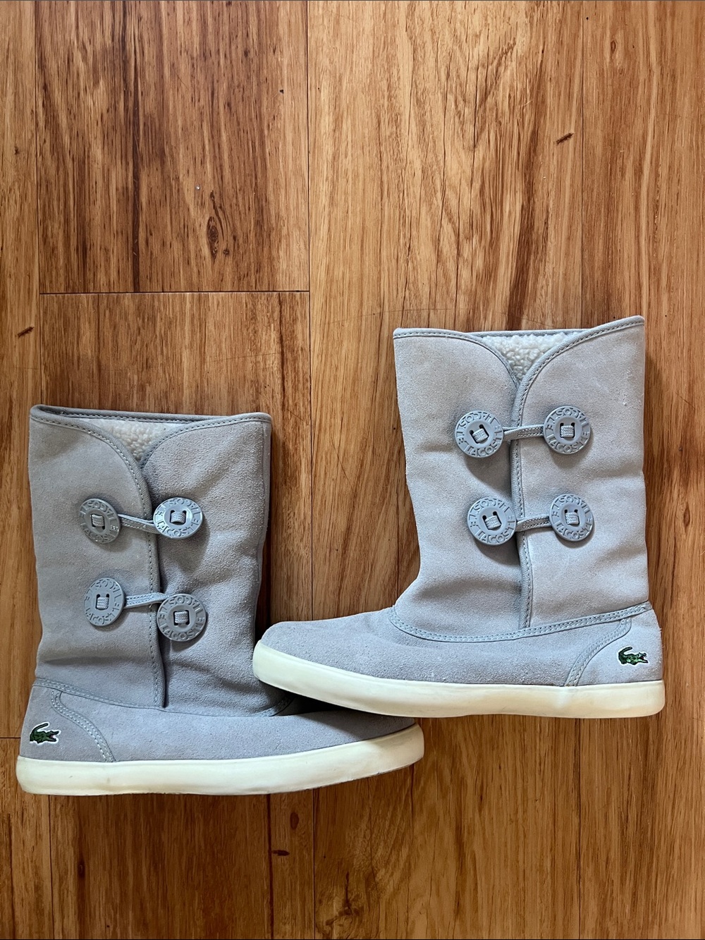 Lacoste Light Gray Suede Button-Accent Shearling Boots